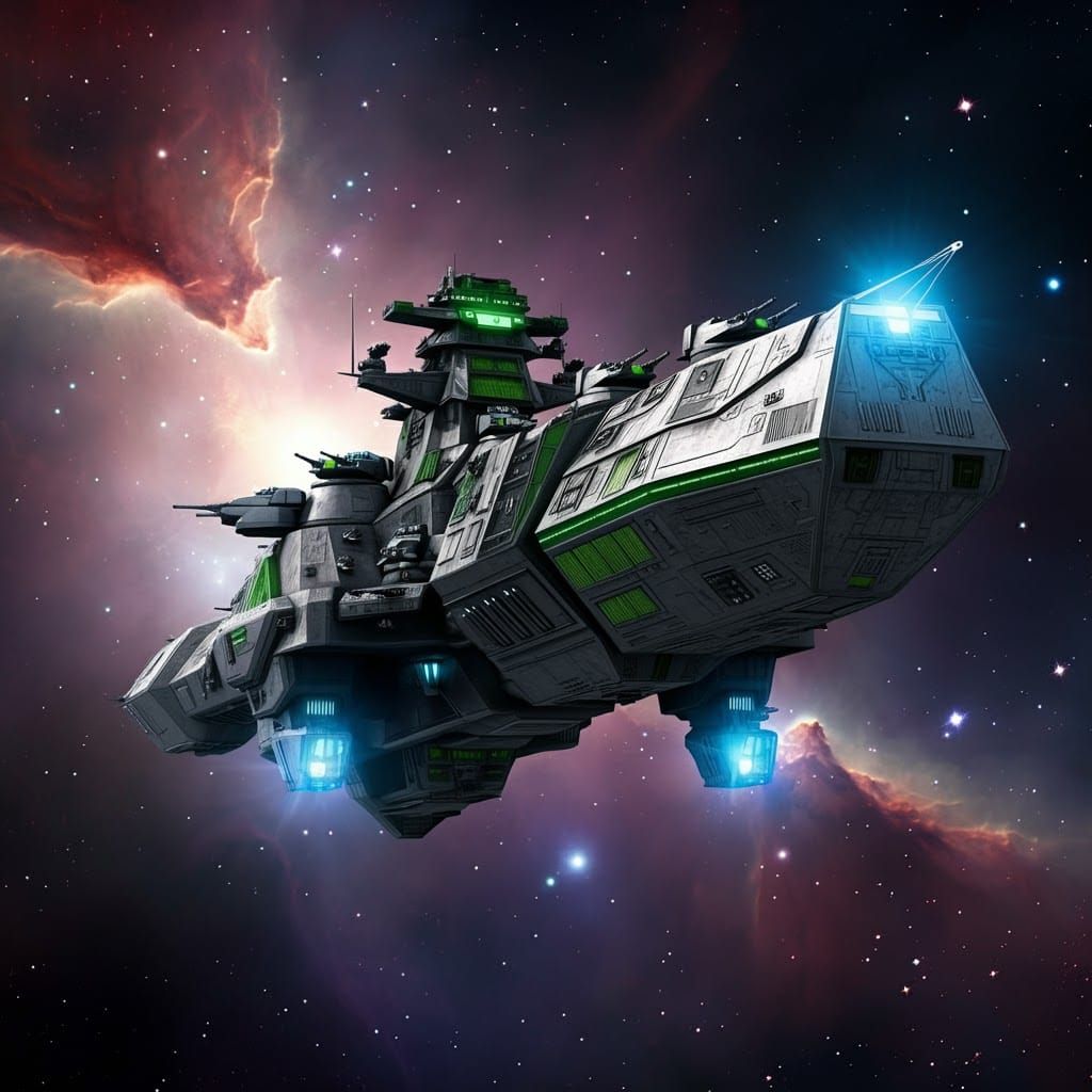 Futuristic Warship Amidst Nebula in Retro Sci-Fi Style