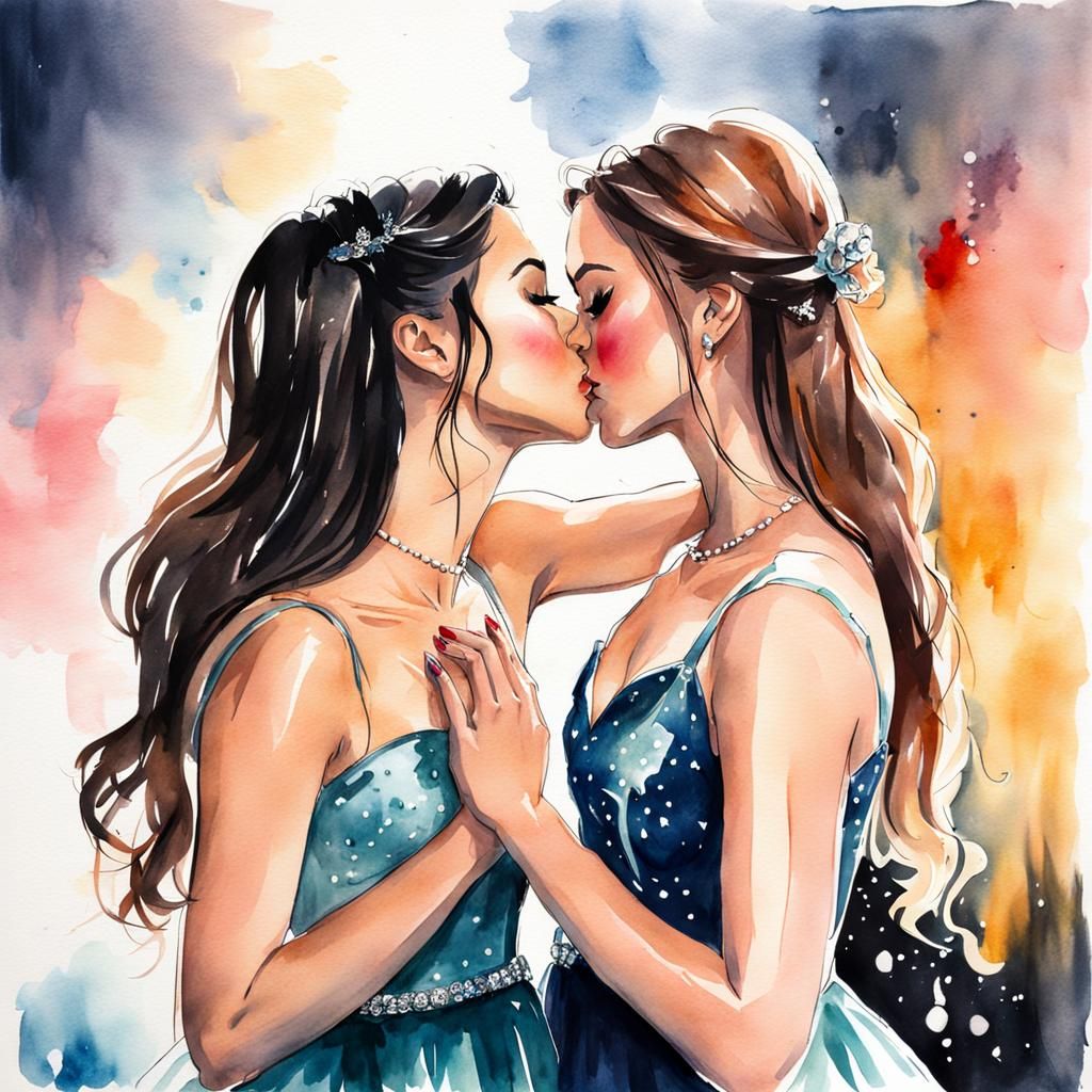 Teenage Girls Kissing at Prom in Watercolor