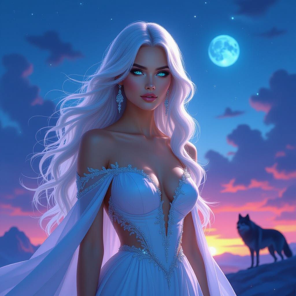 Celestial Woman with Turquoise Eyes in Twilight Sky
