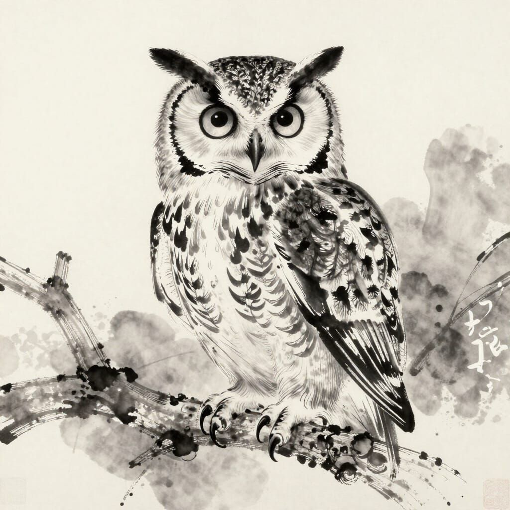 Intricate Ink Wash Owl Perched on Branch
