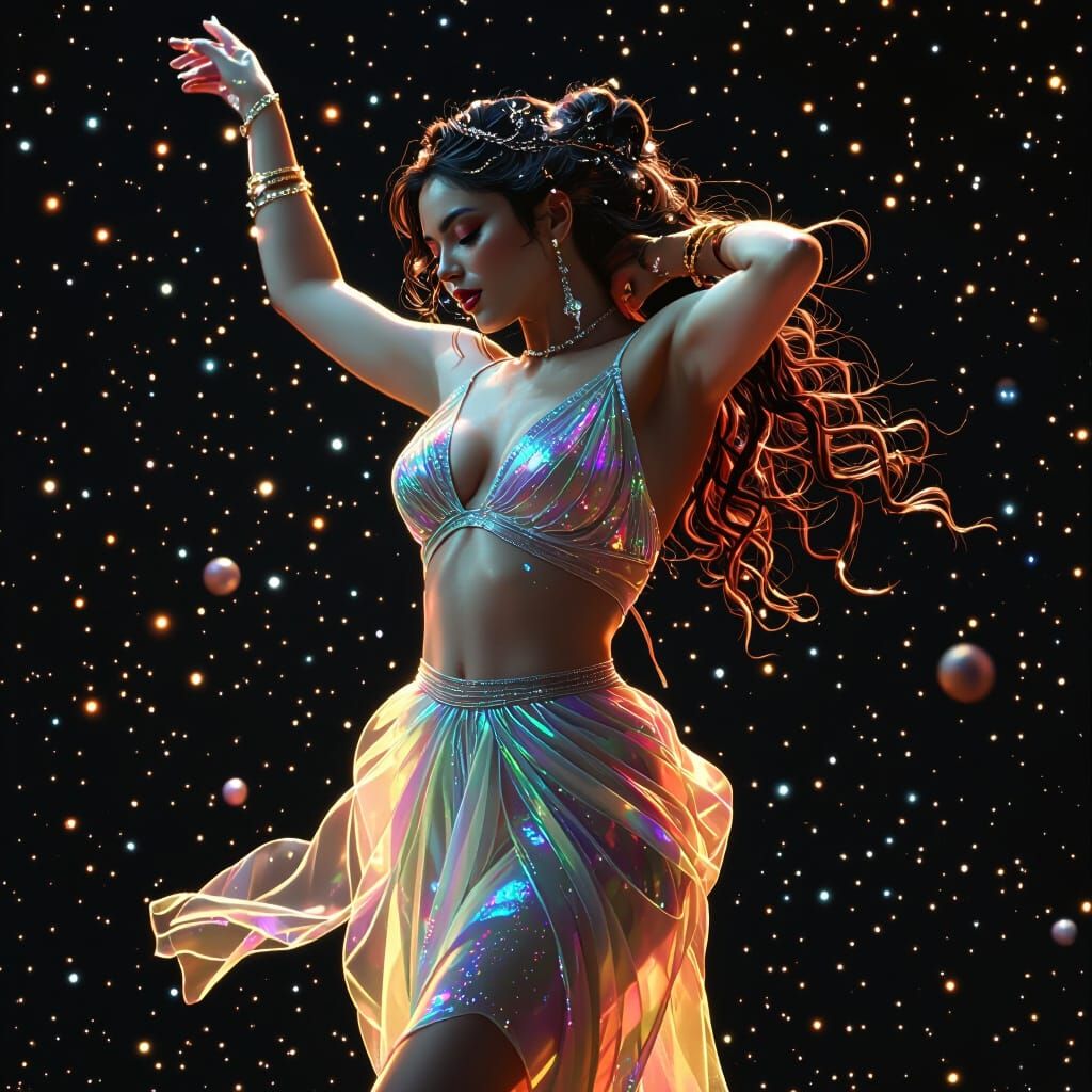 Celestial Woman Dancing in Stardust, Dreamy Art