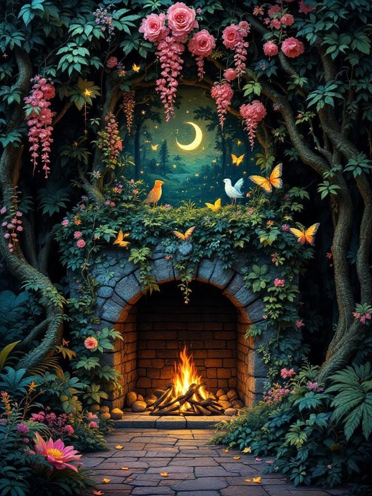 Mythical Garden Tapestry in Bas-Relief Style