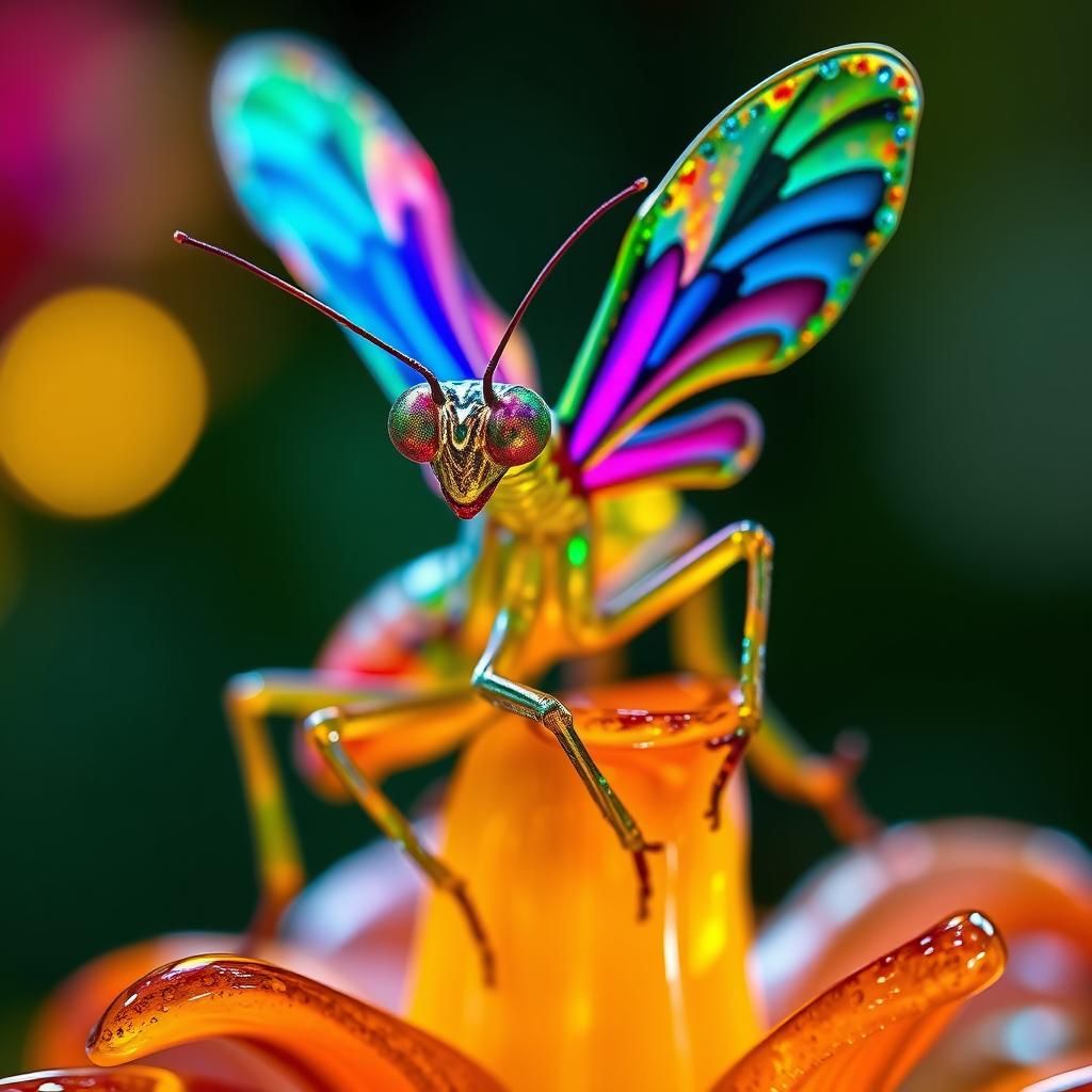 Dichroic Glass Praying Mantis Close-Up Photography