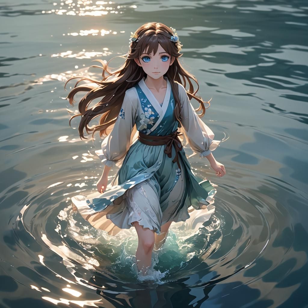 Anime Girl Walking on Water in 3D Style