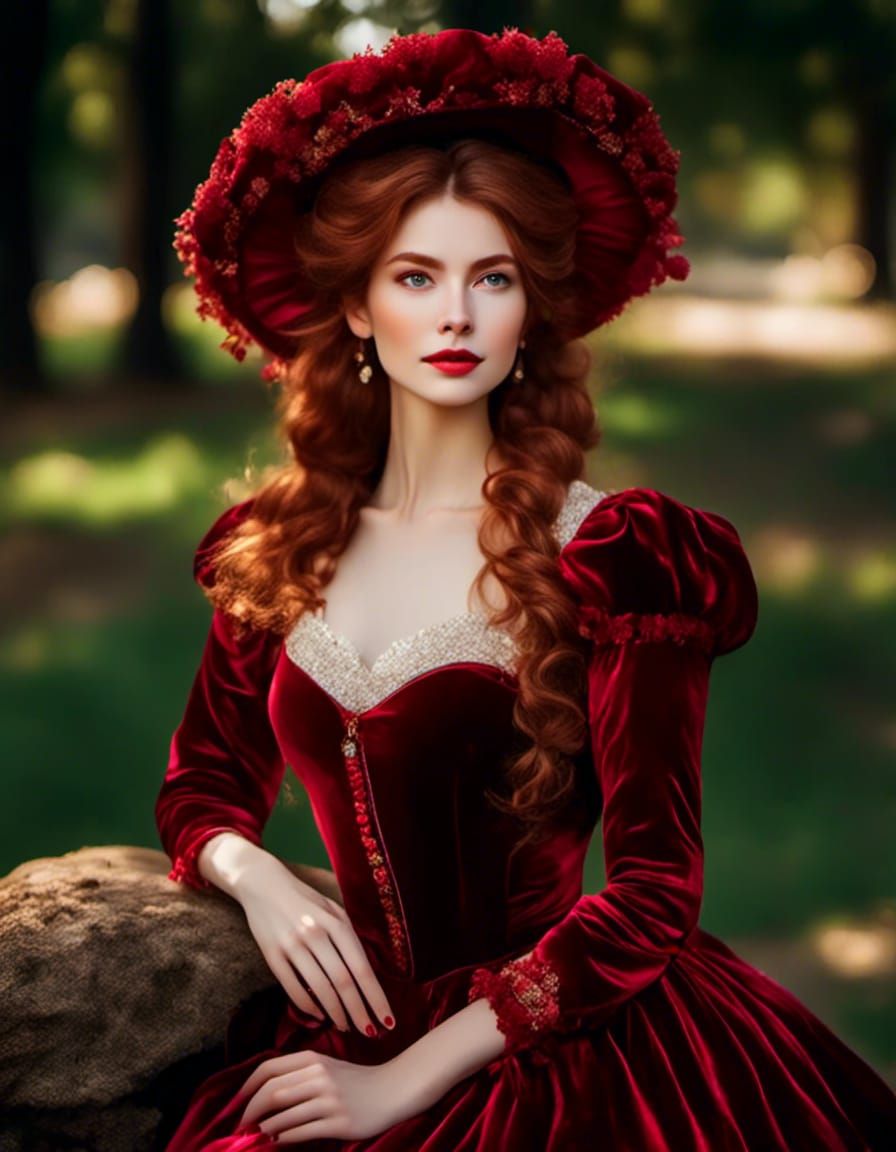 Playful Auburn-Haired Woman in Red Victorian Dress