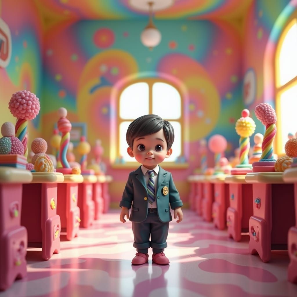Child Teacher in Candy Classroom: Digital Illustration