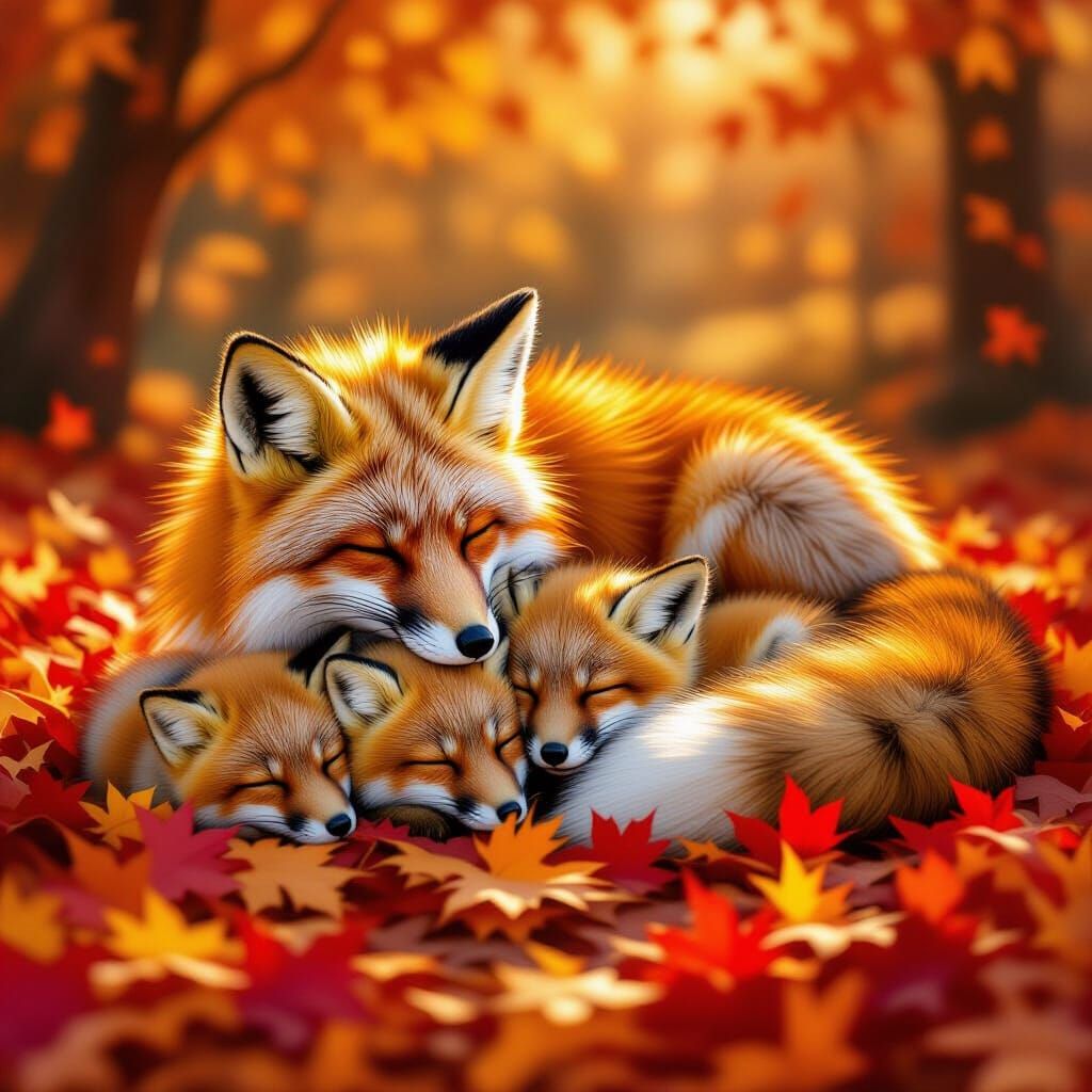 Realistic Fox Family Sleeps on Autumn Leaves