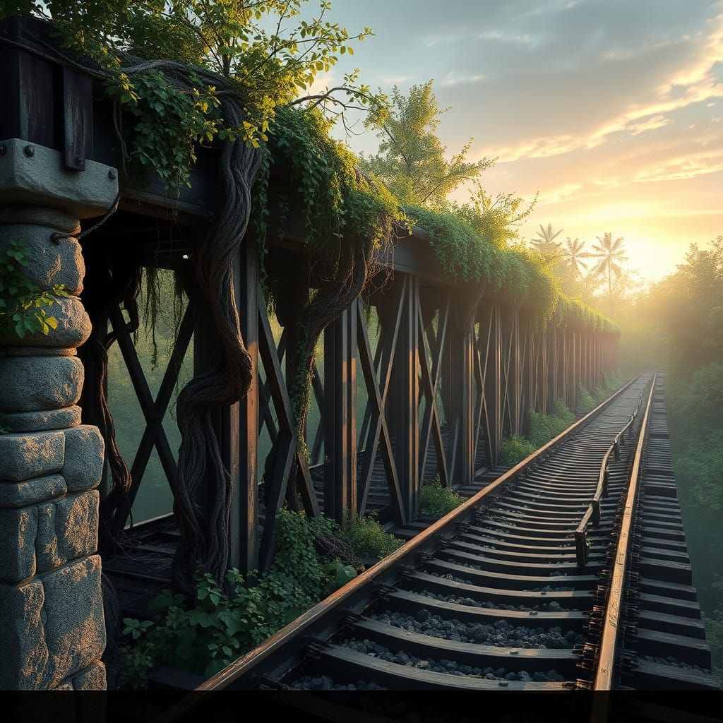 Ancient, Weathered Railroad Trestle in Verdant, Fantastical...
