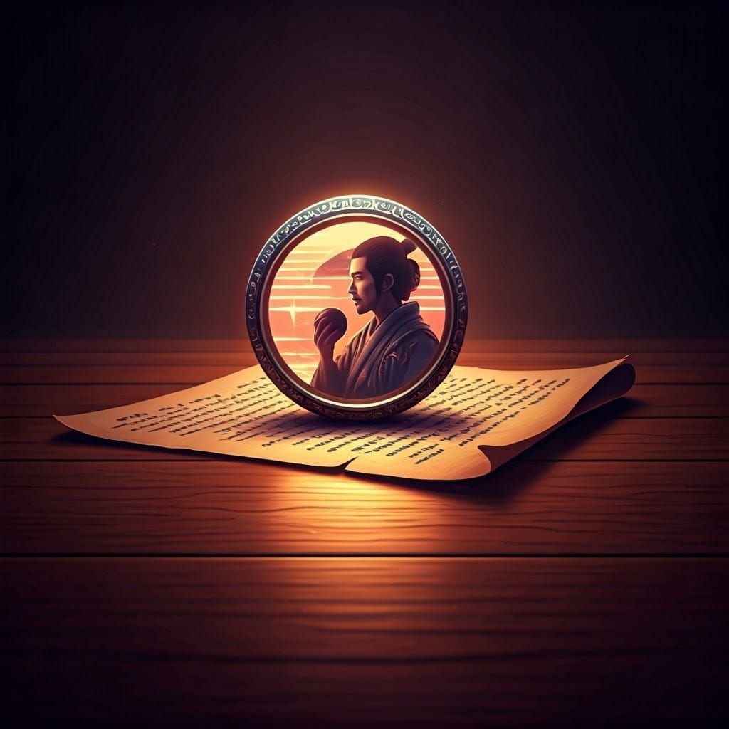 Samurai Reflection on Runed Parchment in Synthwave Style