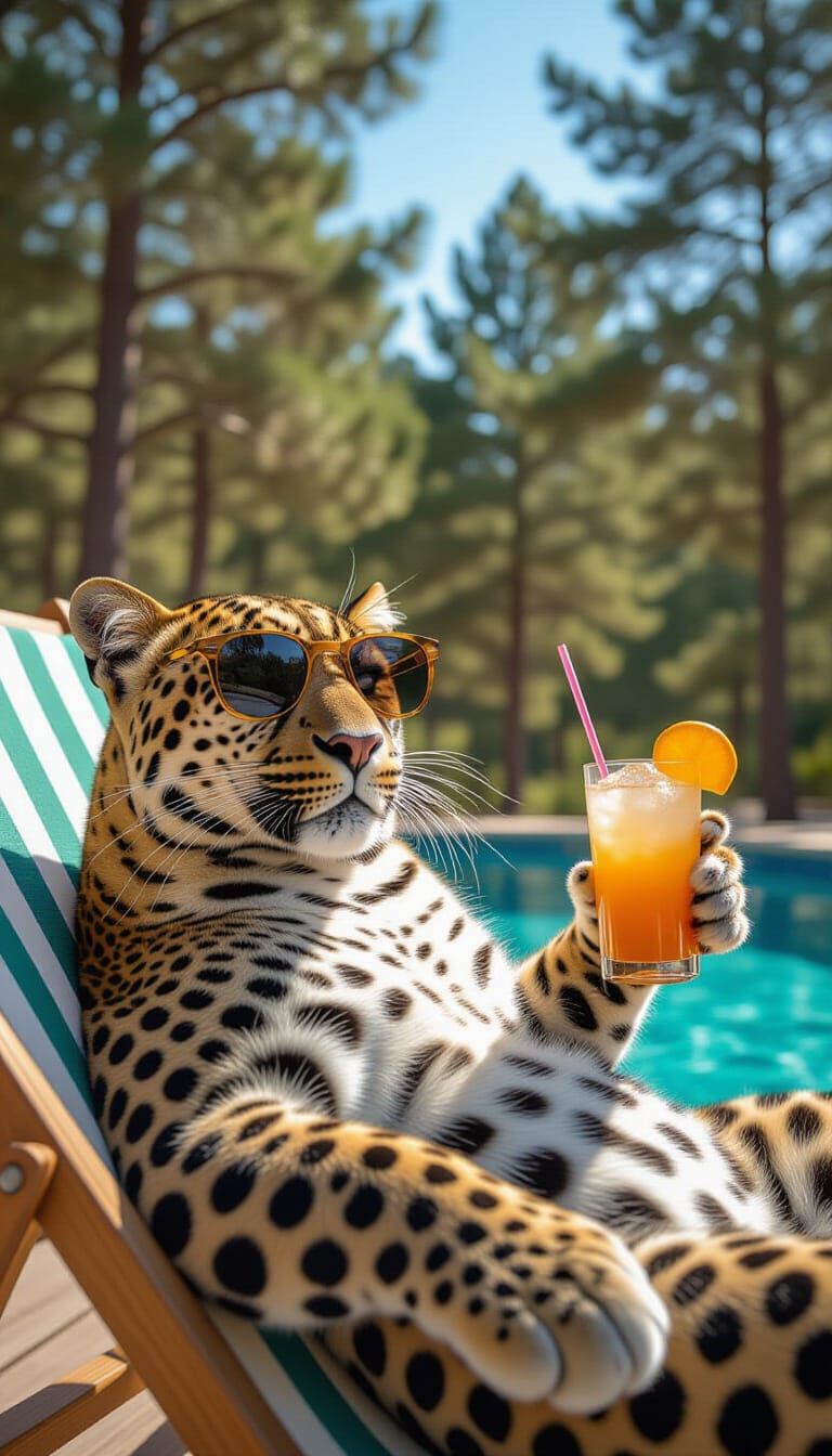 Leopard Relaxing by Pool in Sunglasses with Cocktail