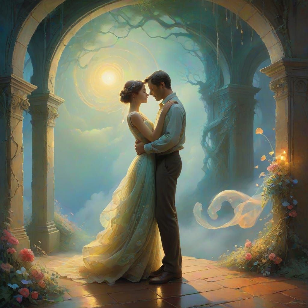 Ethereal Couple Cast Shadows on the Wall in Softly Lit Dance