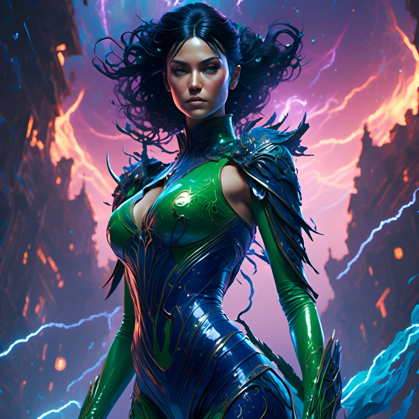 Goddess in Latex Bodysuit Amidst Lightning Storm