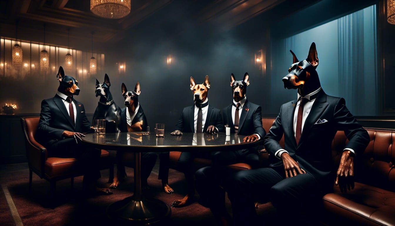 <lora:V-ray:1.0>Revisit. 3 Dobermans wearing business suits