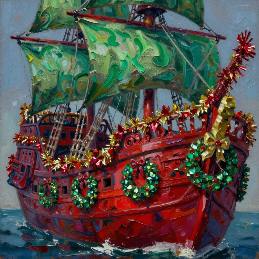 Festive Ruby & Emerald Pirate Ship in Impasto Style