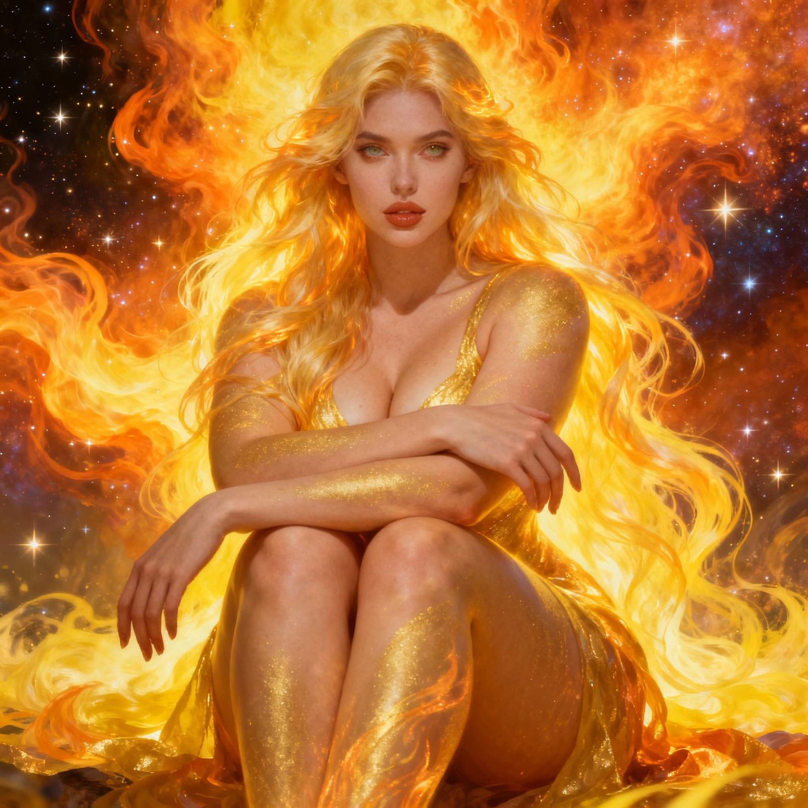 Fantasy Woman With Fiery Hair and Golden Aura
