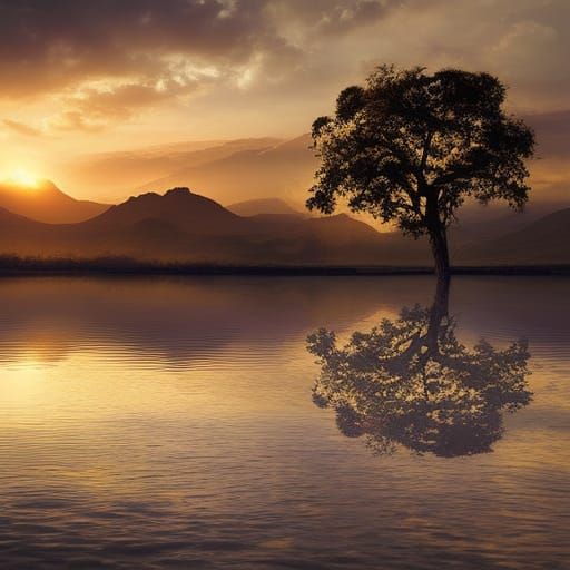 Horse at Sunset Lake: Dramatic Digital Painting