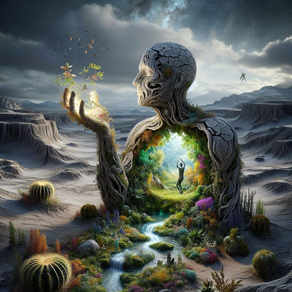 Oasis Within: Desolate Figure Contemplates Inner World