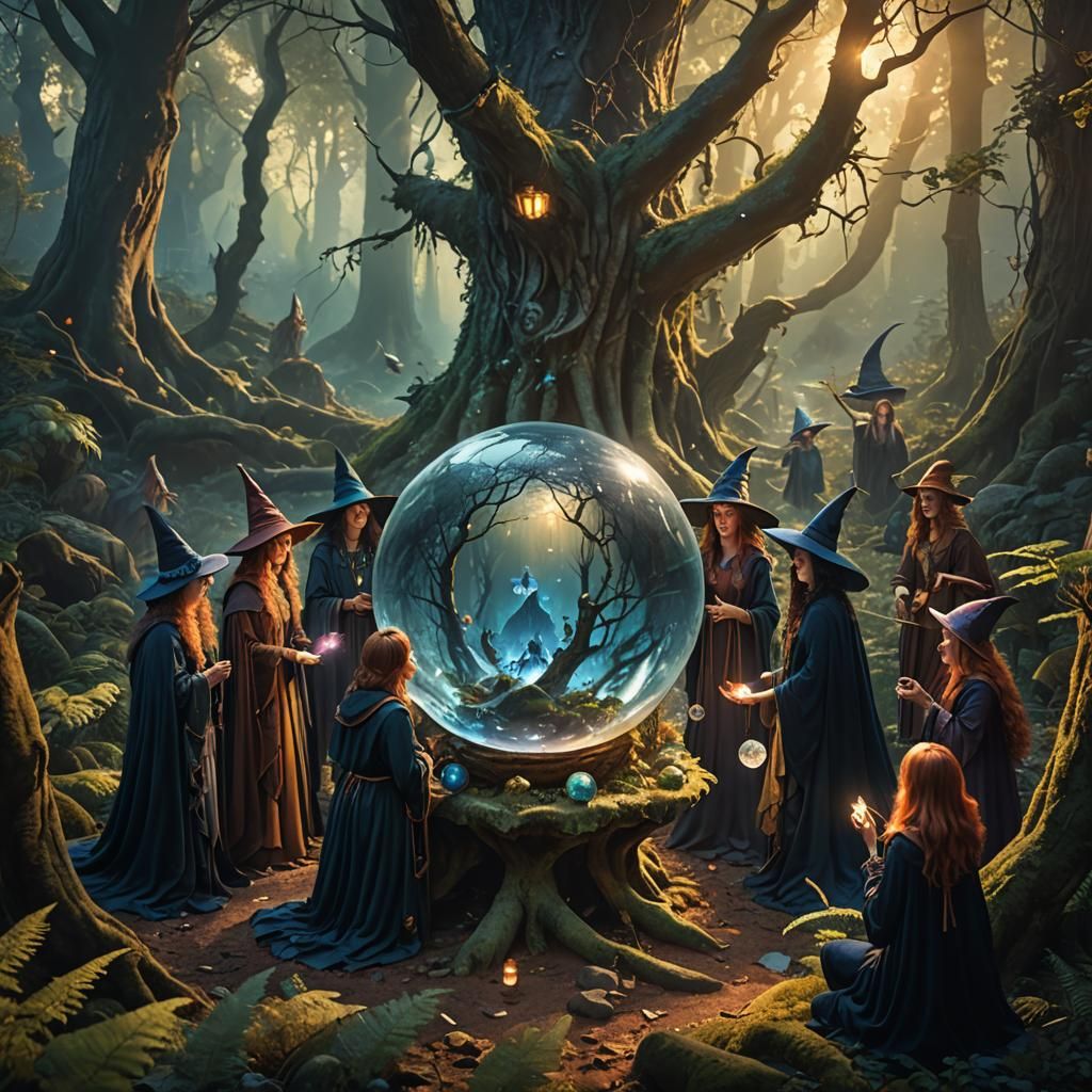 Mystical Witches Gather in Ancient Forest: Digital Matte Pai...