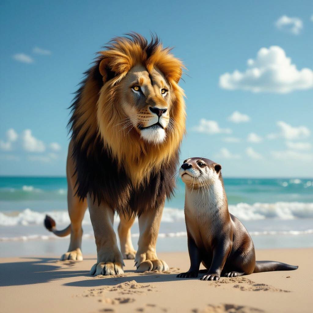 Majestic Lion-Otter Hybrid on a Sun-Drenched Beach