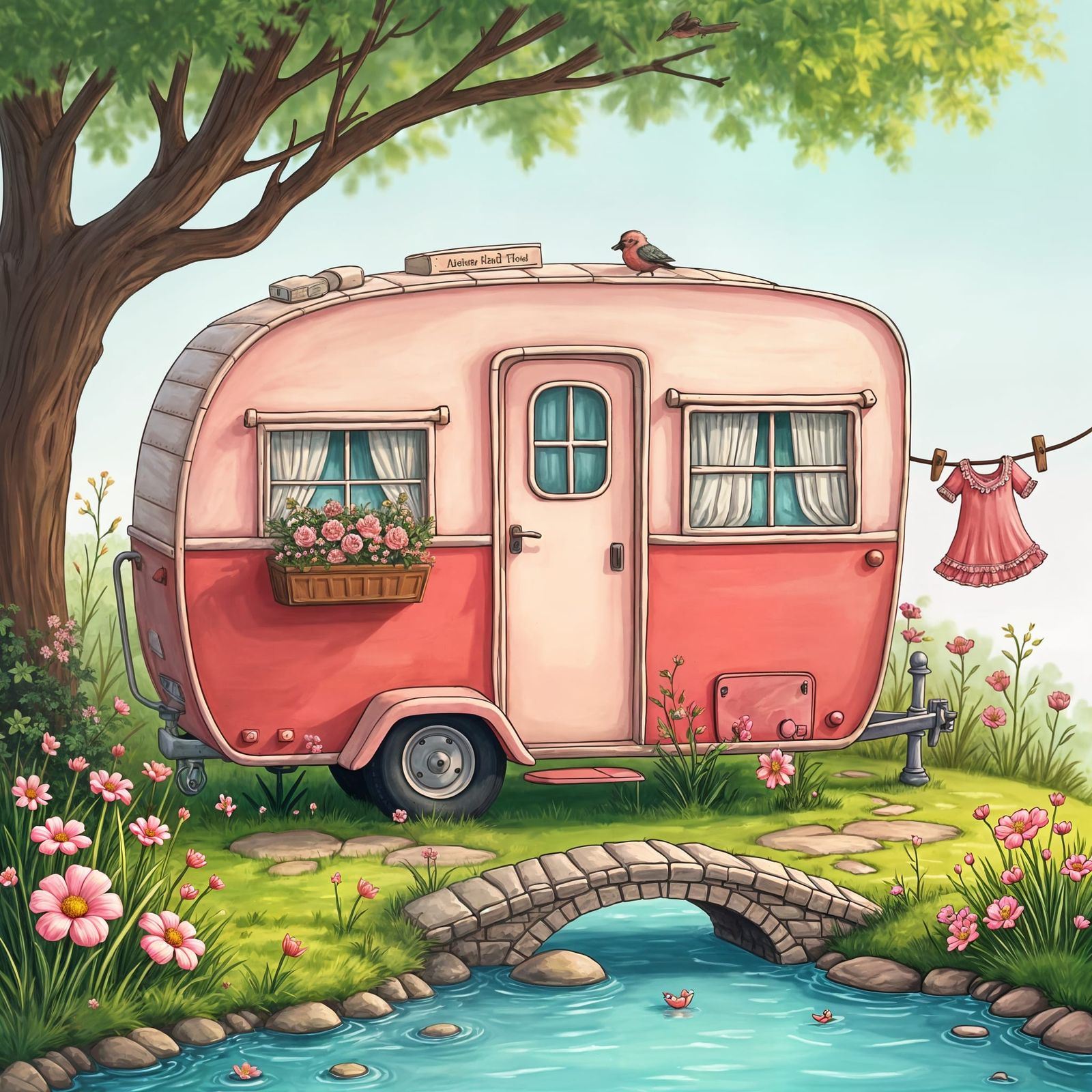 Cute Vintage Pink Trailer Parked by Babbling Brook
