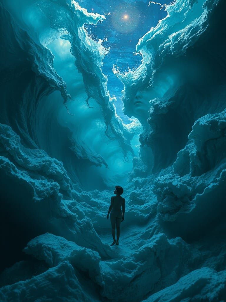 Surreal Ocean of Emotions: Humans Amidst Ethereal Waves