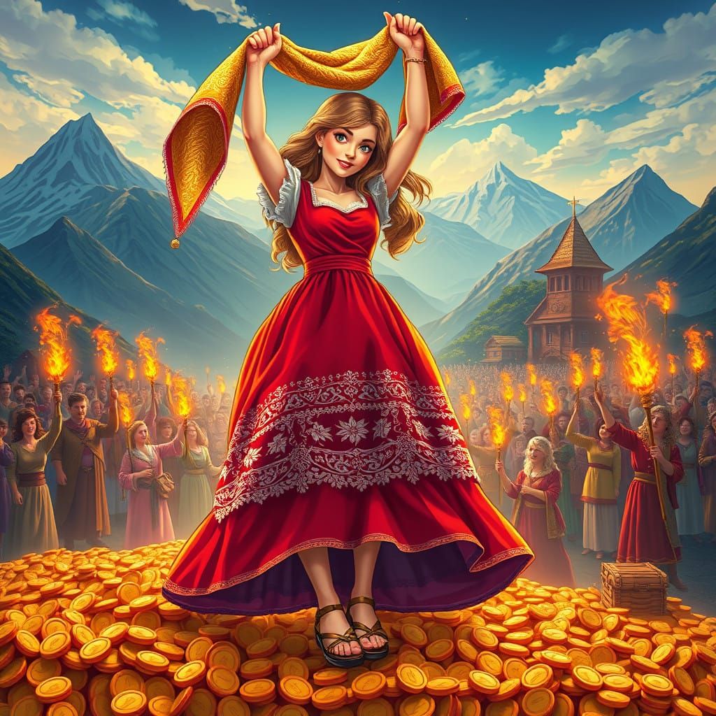 Victorian Alice Triumphantly Holds Golden Ram Fleece Shawl A...