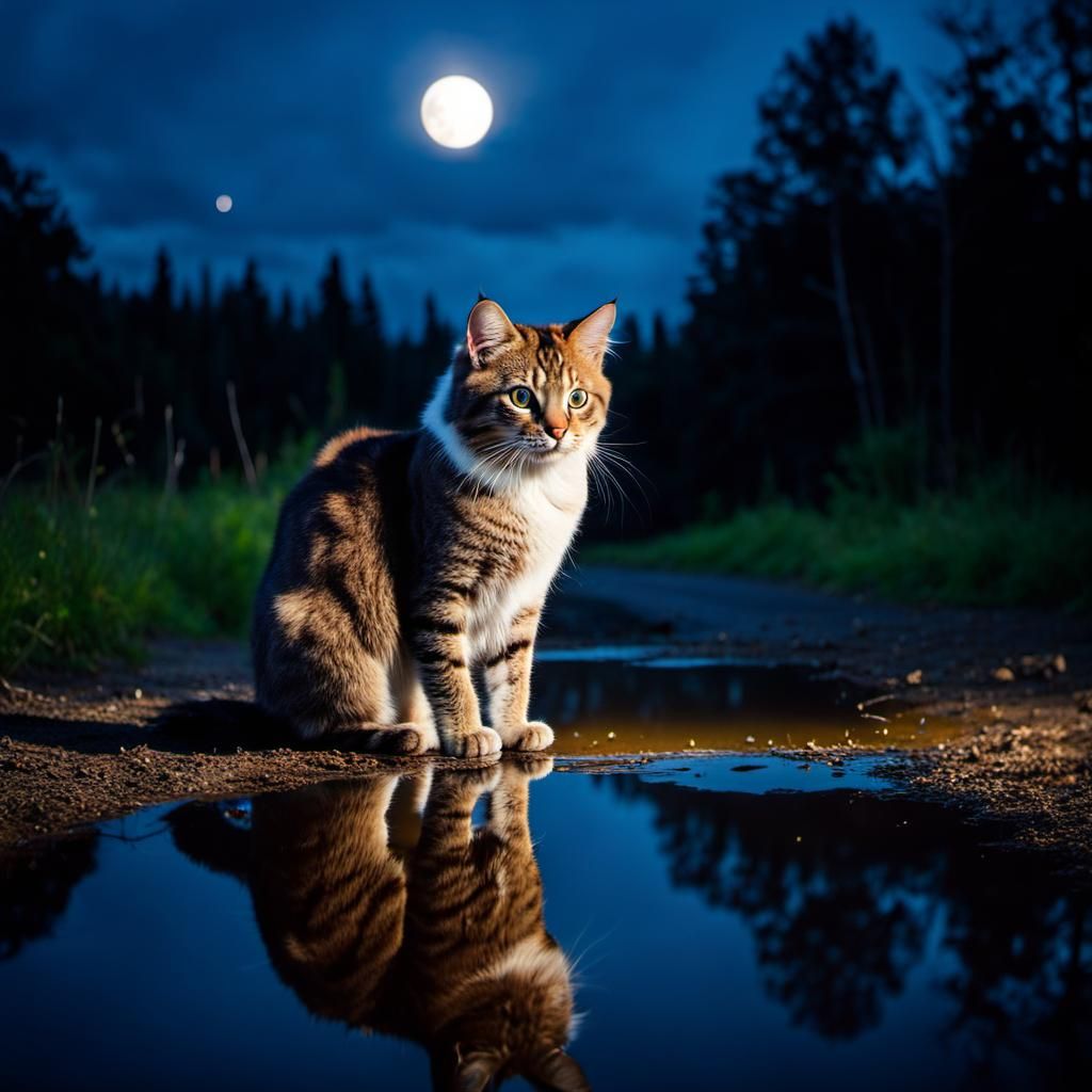 Cute Cat's Monster Reflection Under Moonlight