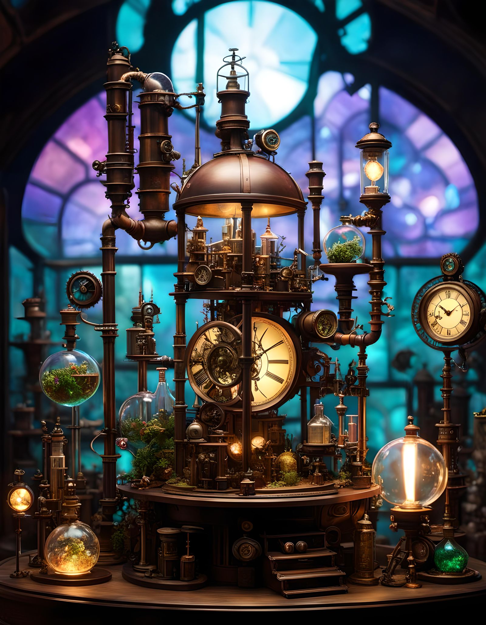 Iridescent Steampunk Laboratory with Glowing Hues