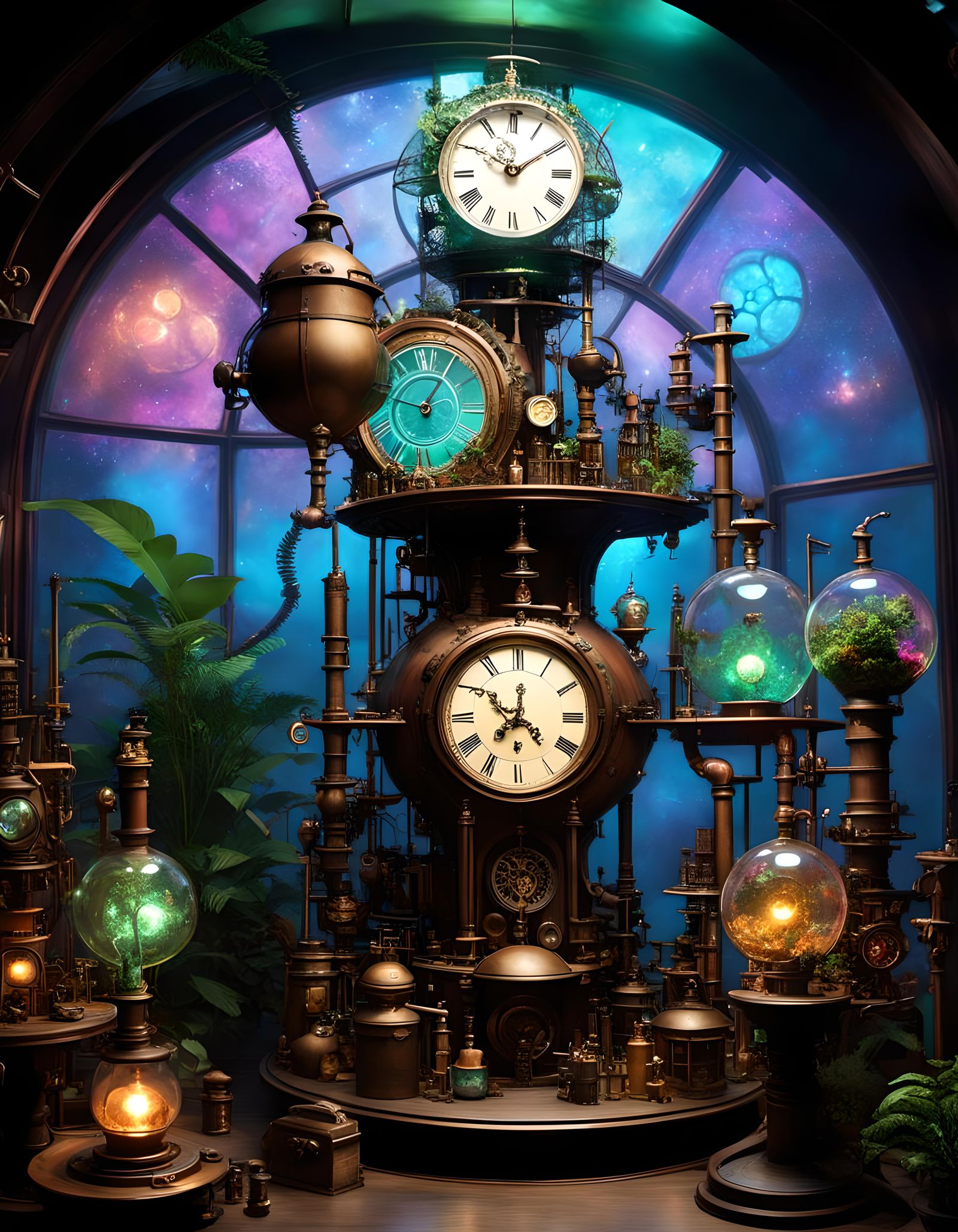 Iridescent Steampunk Laboratory with Glowing Hues