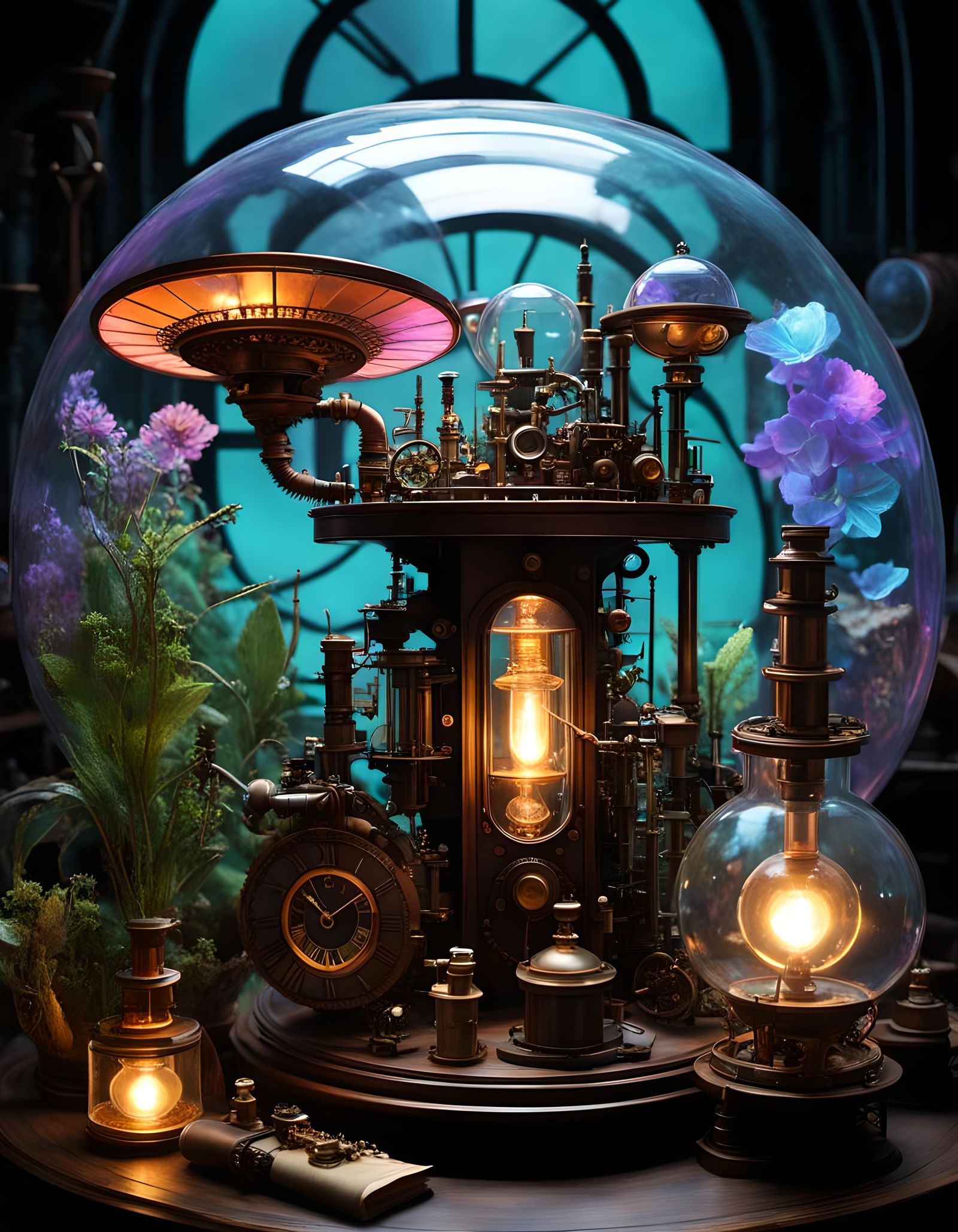 Iridescent Steampunk Laboratory with Glowing Hues