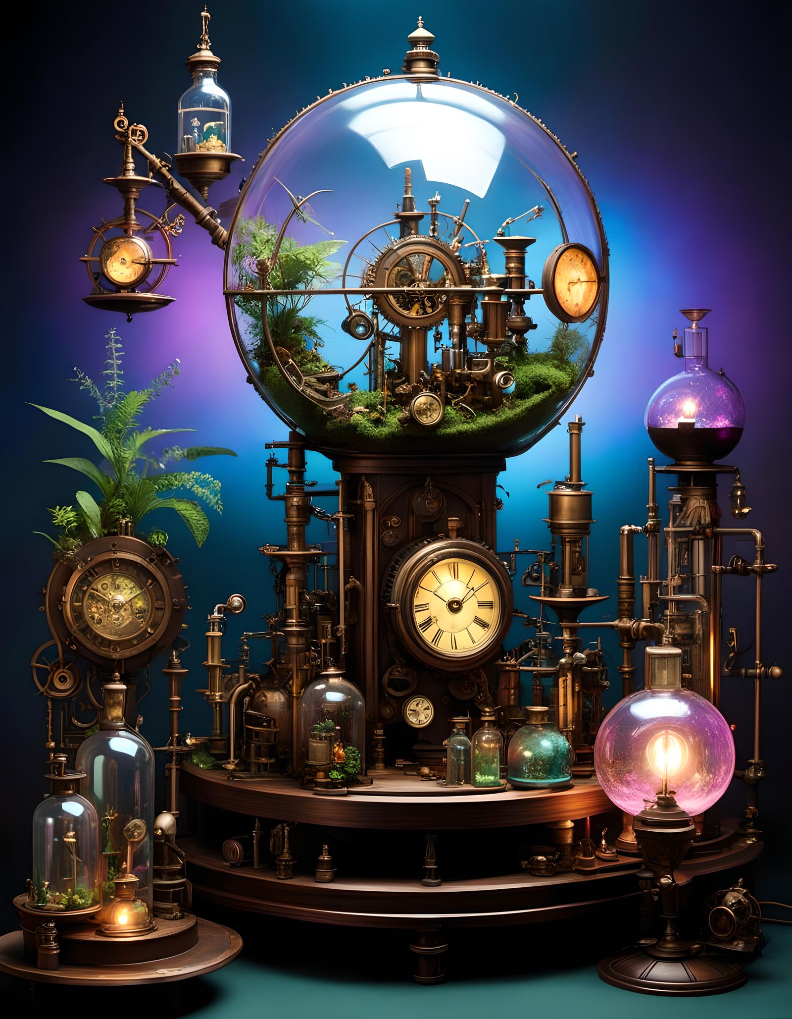 Luminous Steampunk Lab with Iridescent Glow
