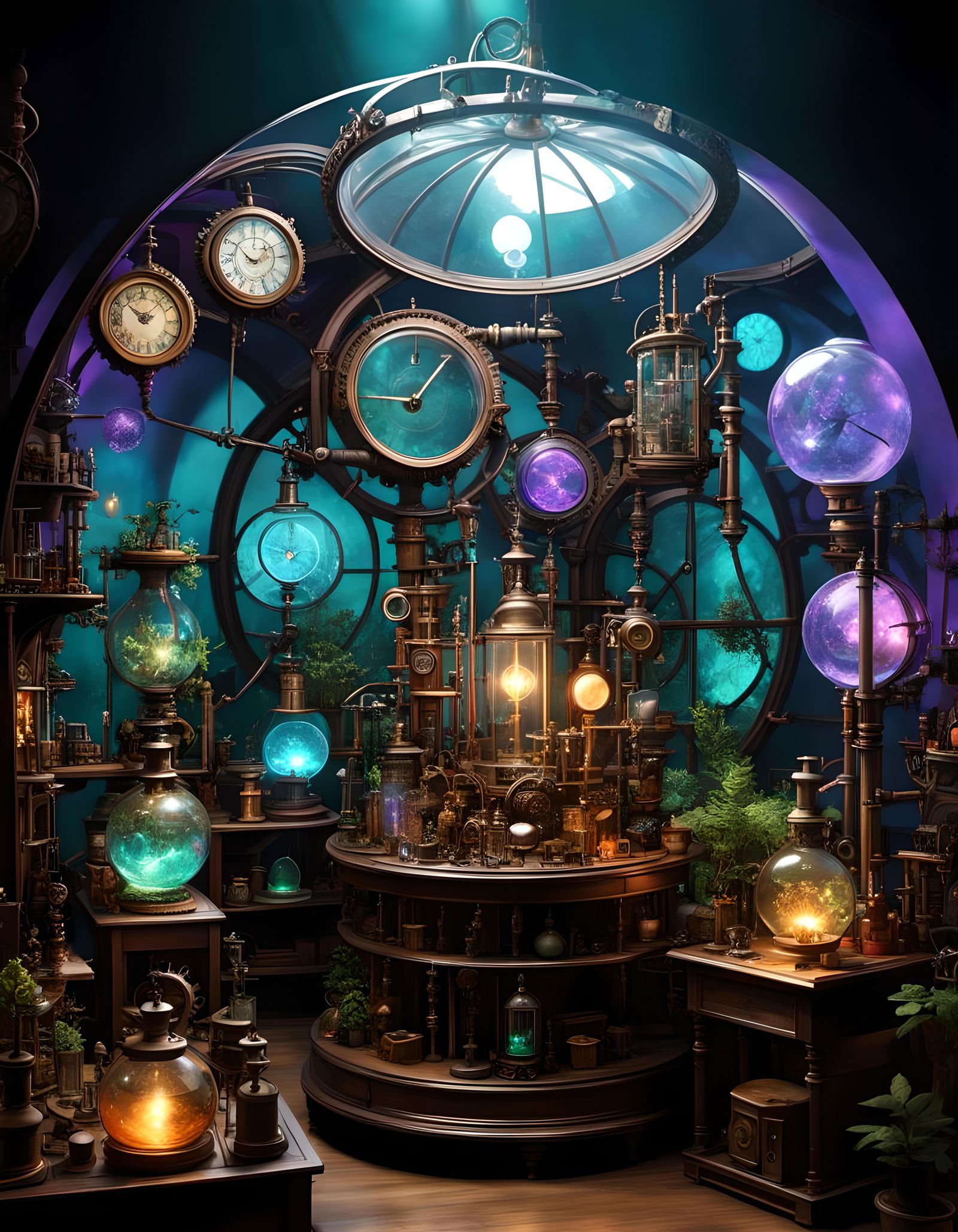 Luminous Steampunk Lab with Iridescent Glow
