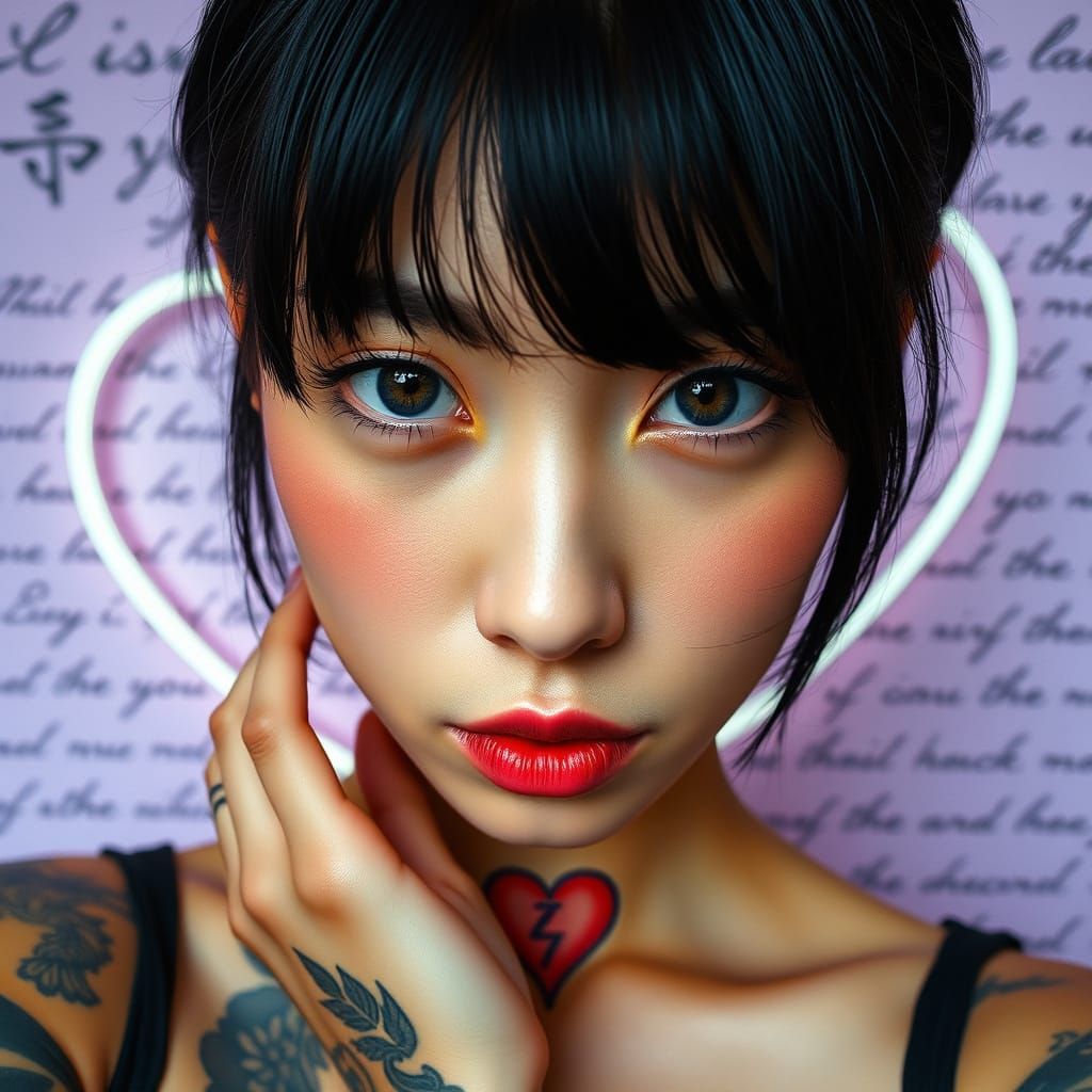 Tattooed Asian Beauty with Lavender Eyes