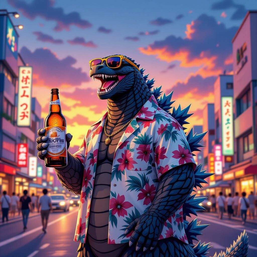 Godzilla Drinks Beer in Tokyo: A Sci-Fi Scene