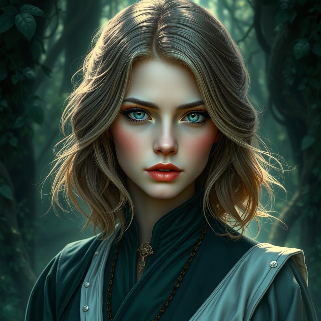 Ethereal Woman in Whimsical Woodland Realm