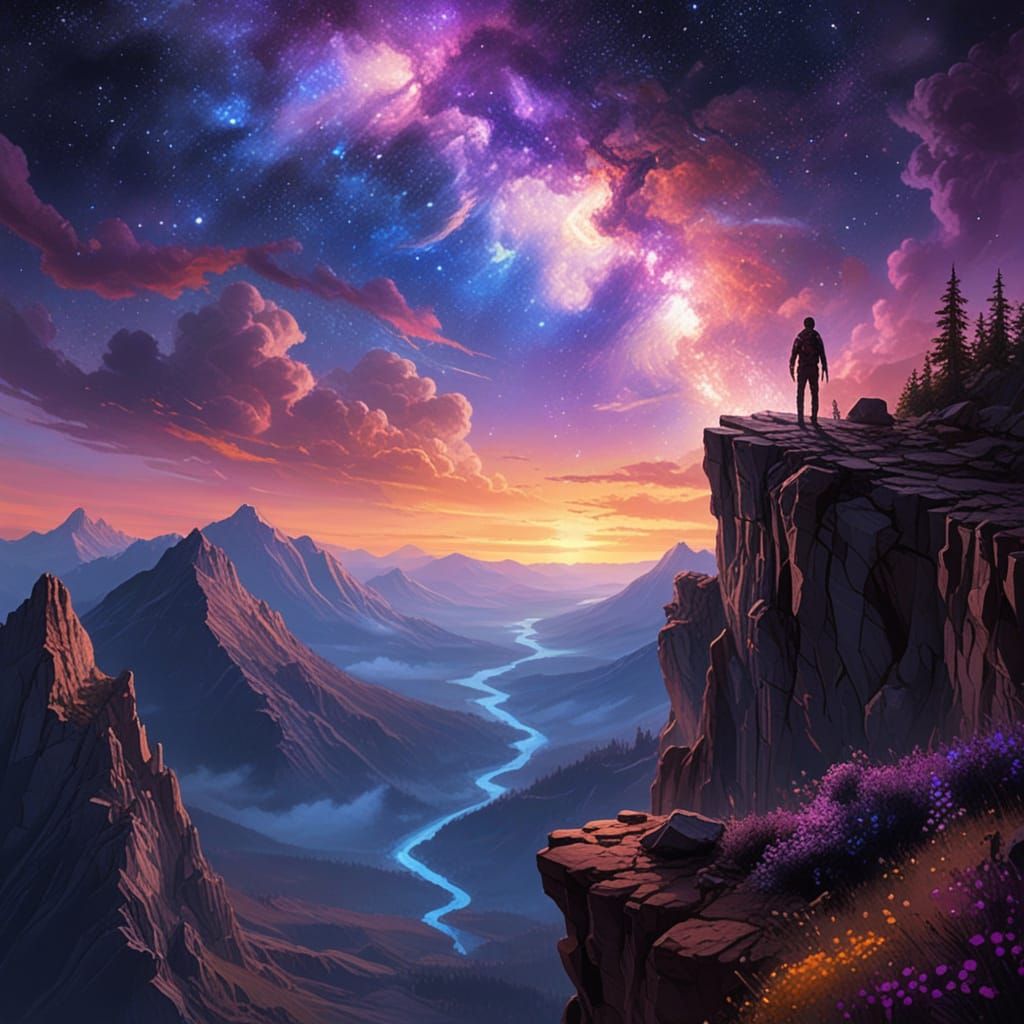 Celestial Landscape with Traveler in Digital Painting