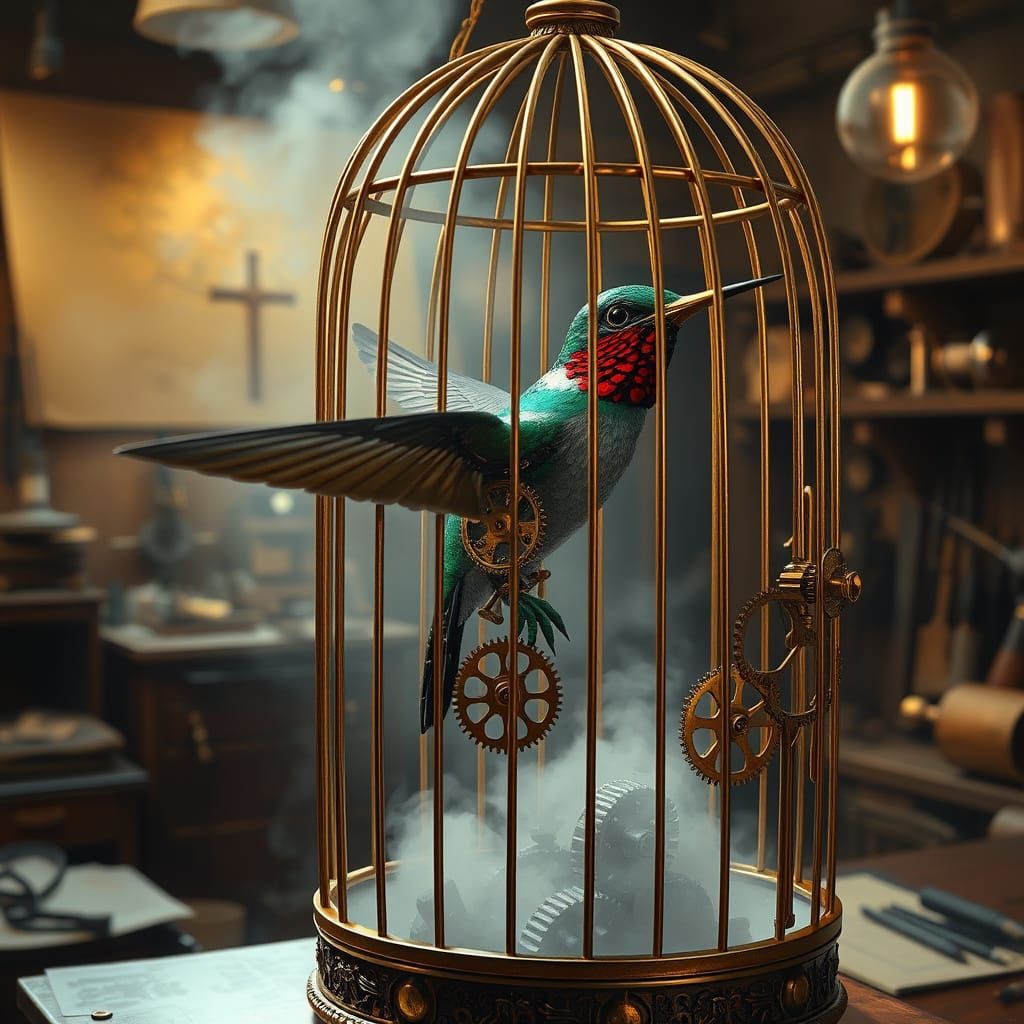 Clockwork Hummingbird in Steampunk Birdcage