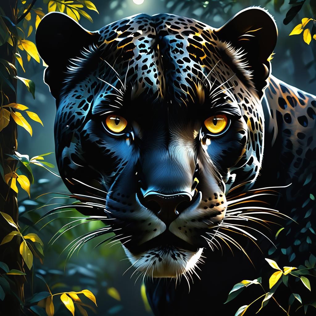 Black Jaguar Portrait in Matte Oil Painting