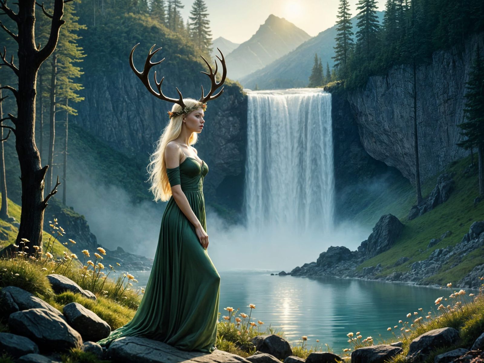 Ethereal Woodland Goddess with Stag Antlers in Chiaroscuro L...