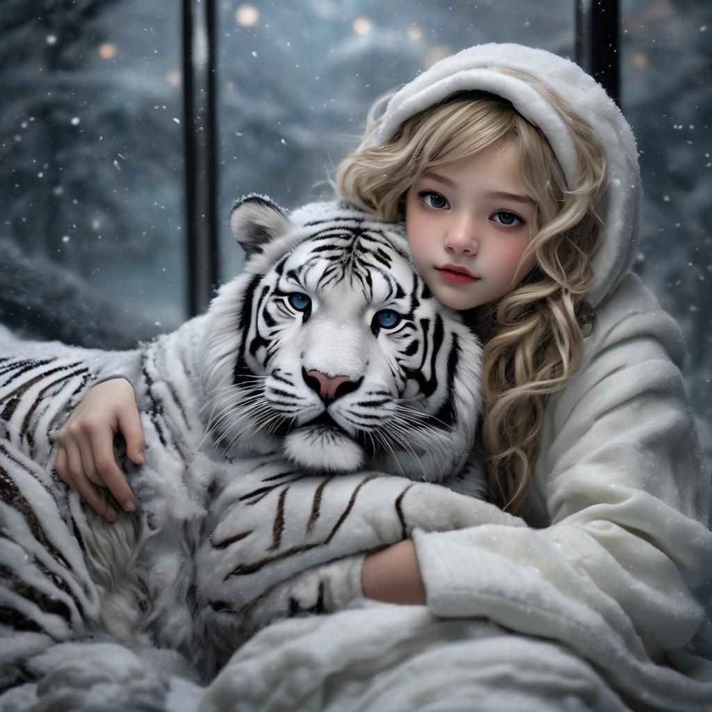 Girl and Snow Tiger in Winter Storm