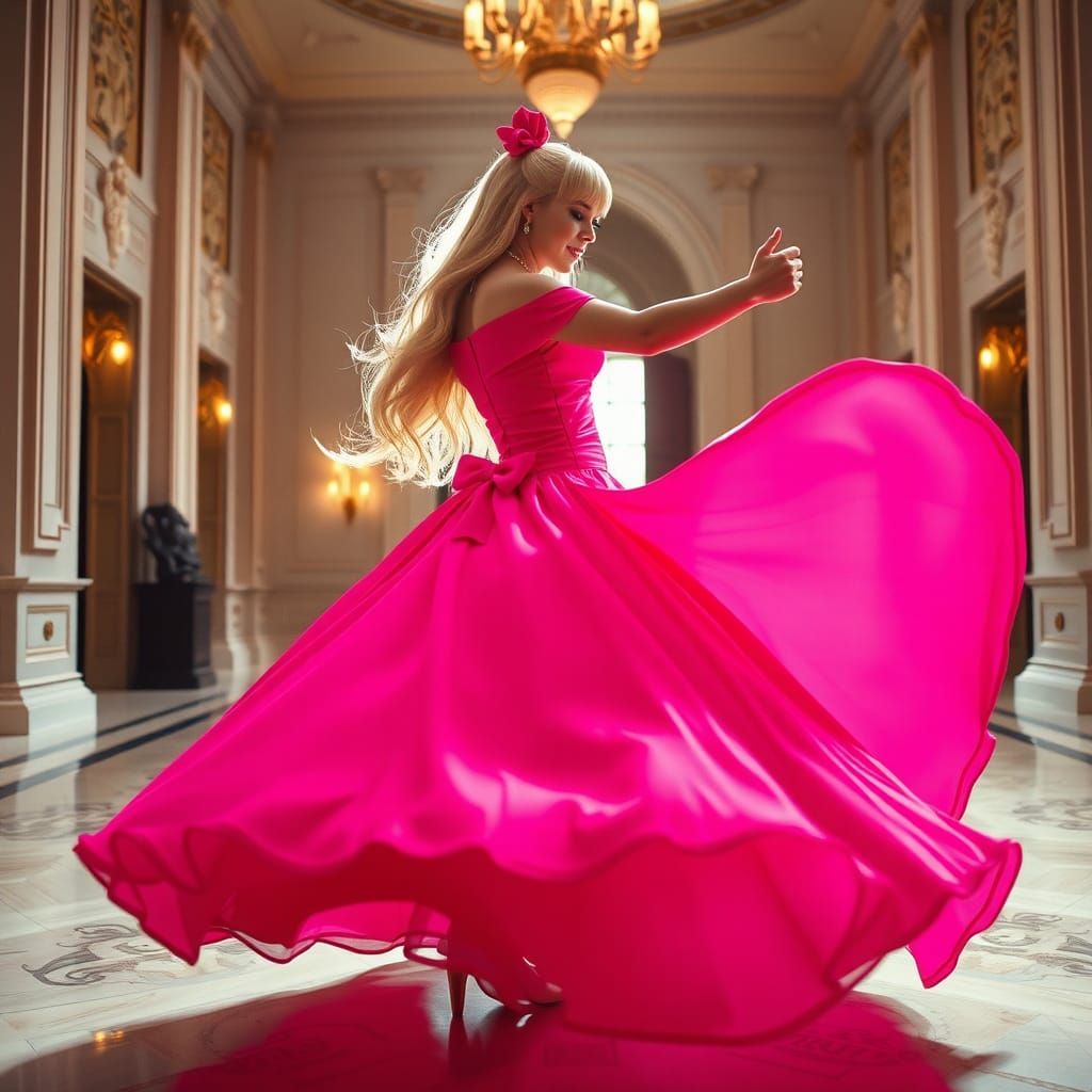 Ethereal Ballroom Scene with Boy in Pink Quinceanera Gown