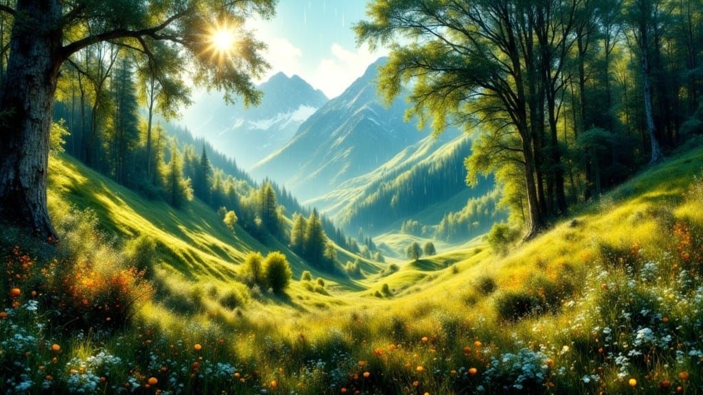 Rainy Hillside with Woodland Creatures: Painterly Style