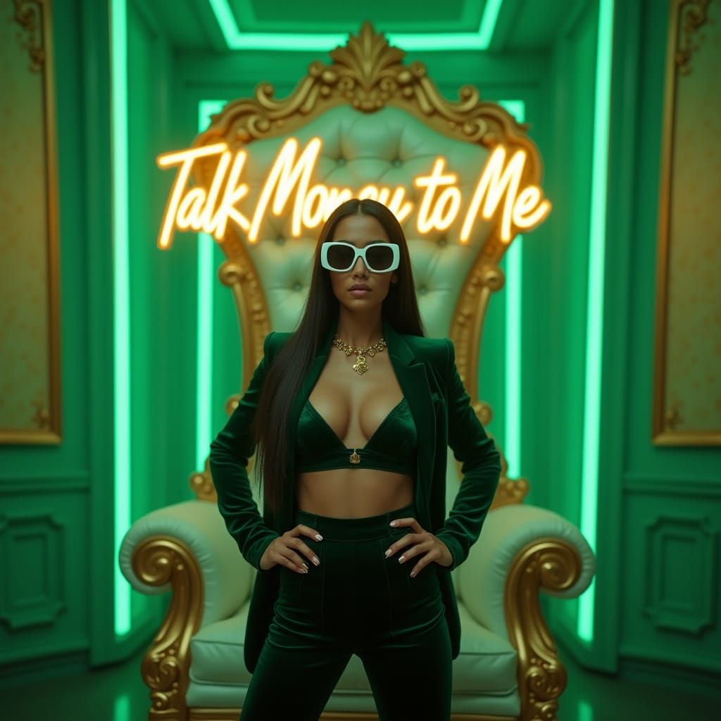 Confident Latina Woman Poses in Luxurious Money Room