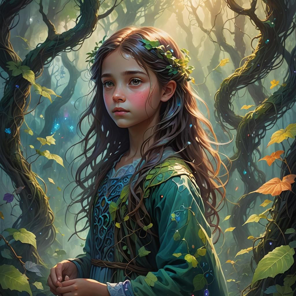 Mystical Forest: Girl Growing, Oil Painting