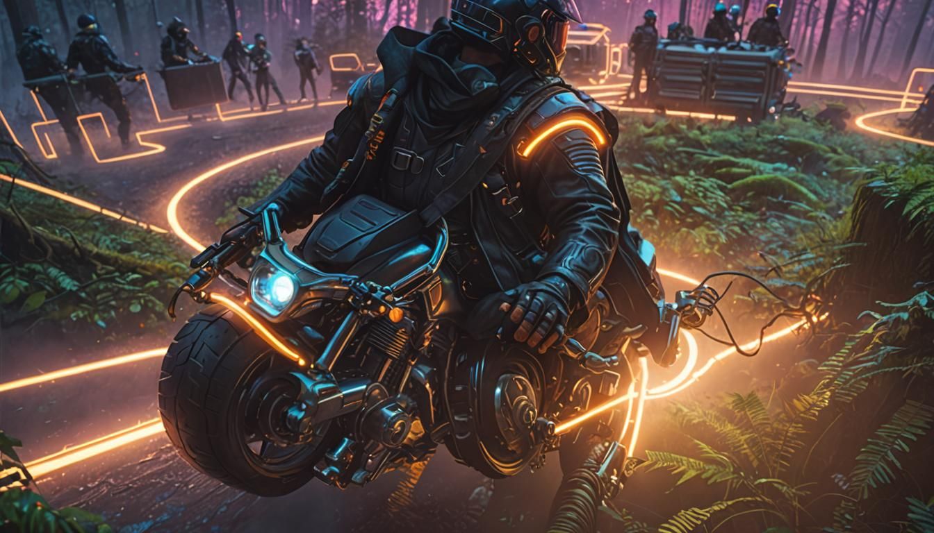 Biker on Futuristic Motorcycle in Mystical Forest