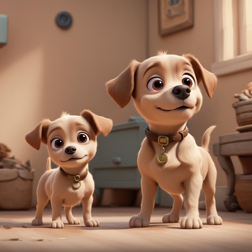 Two Cute Puppies in Pixar Disney Style
