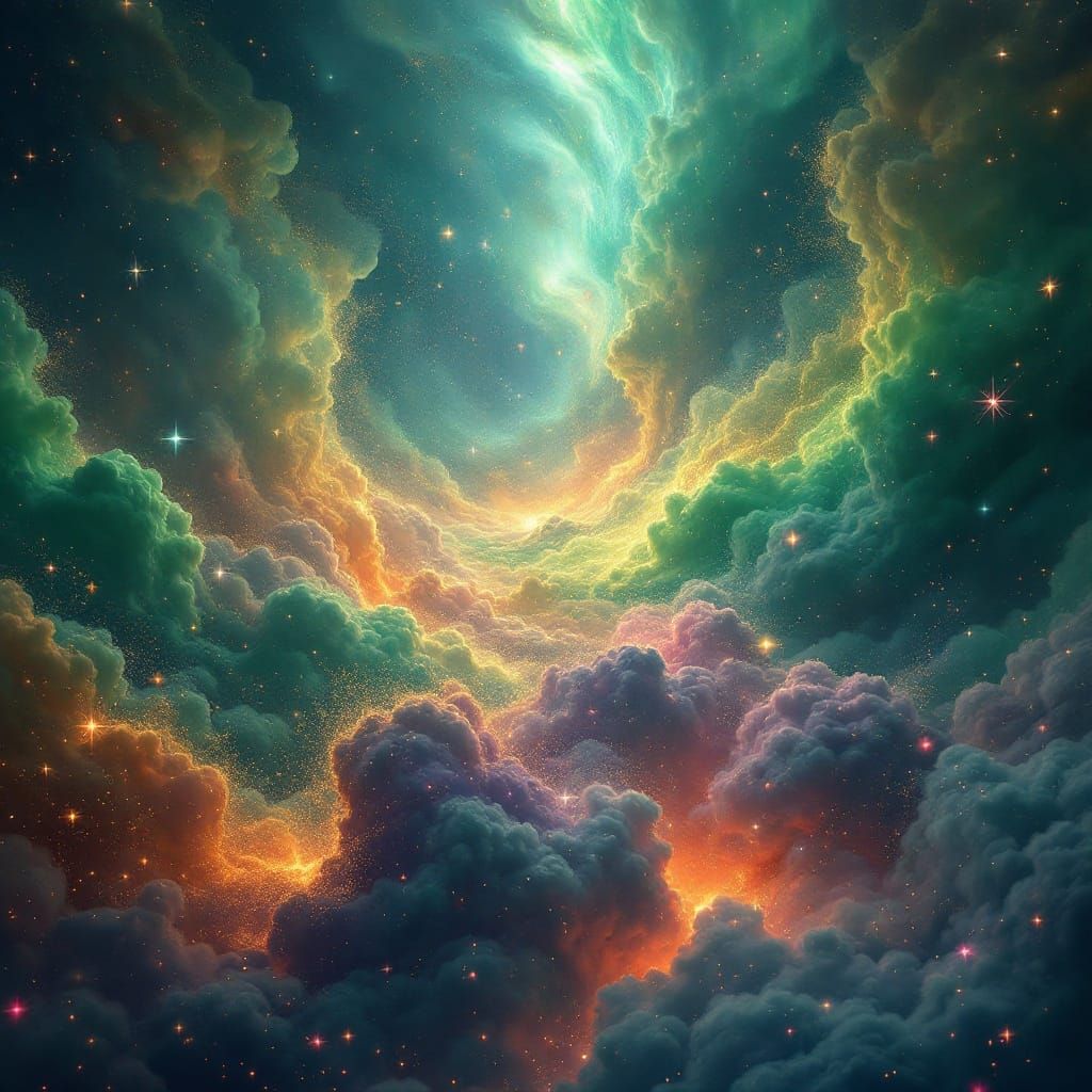 Surreal Dreamscape with Iridescent Mist and Stardust
