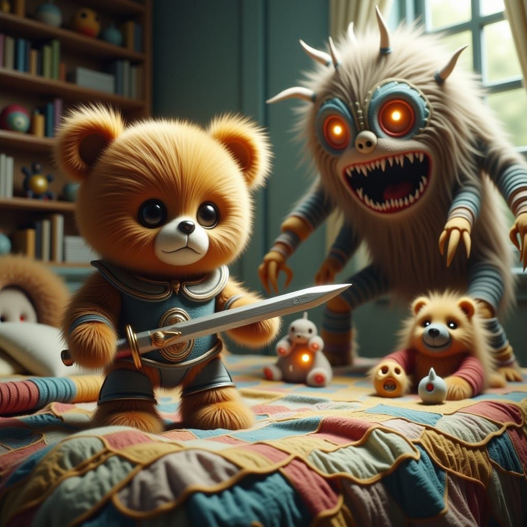 Heroic Teddy Bear Battles Fearsome Monster in Whimsical Bedt...