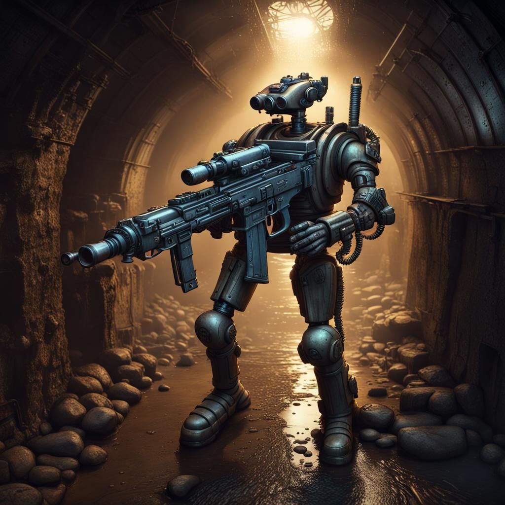 Steampunk Robot Warrior in Sewer Tunnel