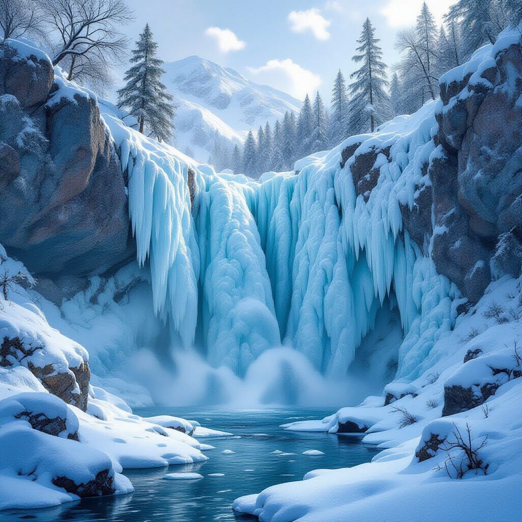 Frozen Waterfall in Time: Photorealistic Winter Landscape